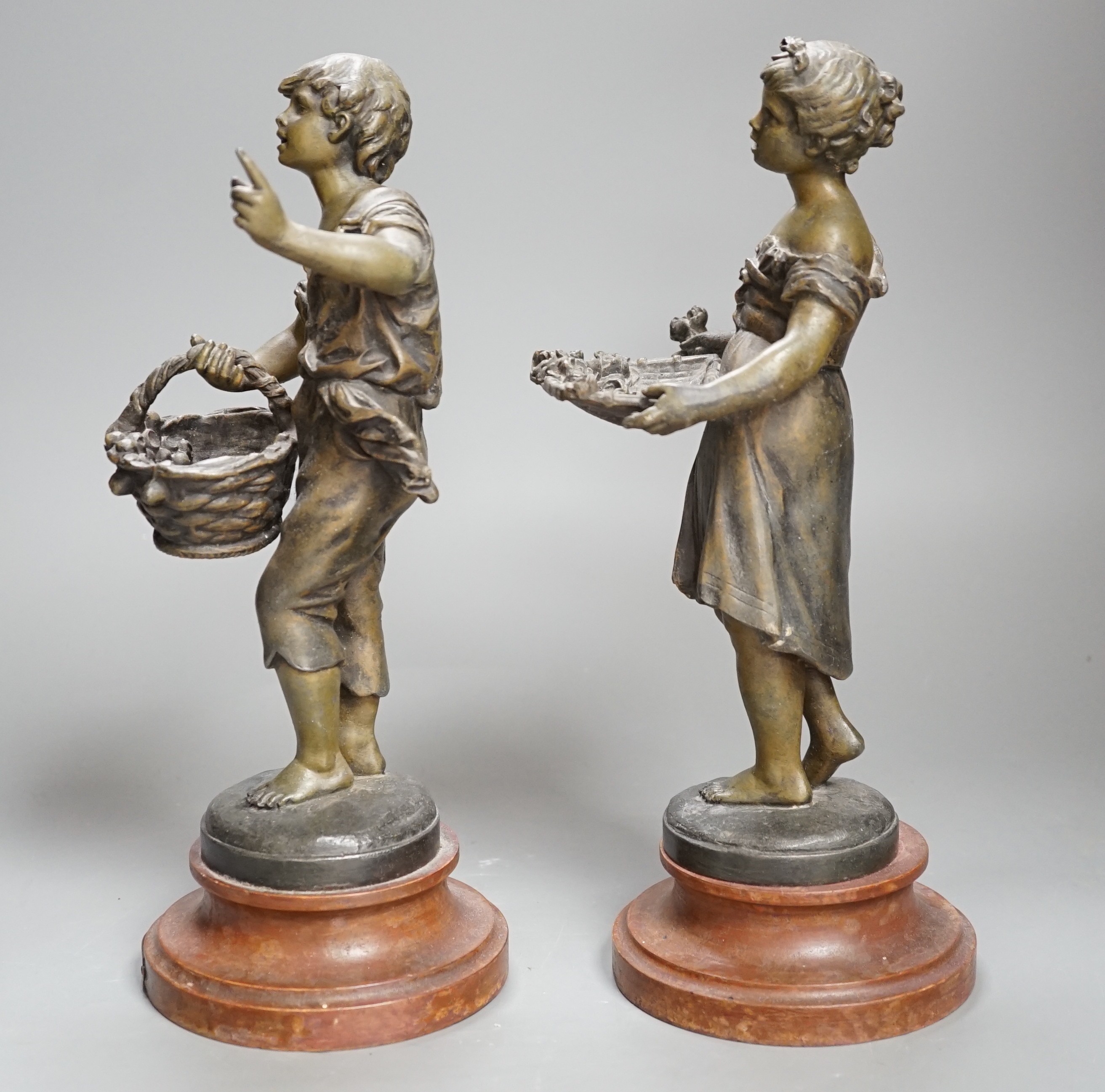 A pair of French spelter figures ‘Les Cerises’ and ‘Les Roses’. 29cm tall.